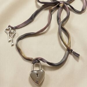 Brite*Things Heart Lock Double Key Pendant Ribbon Necklace Rare